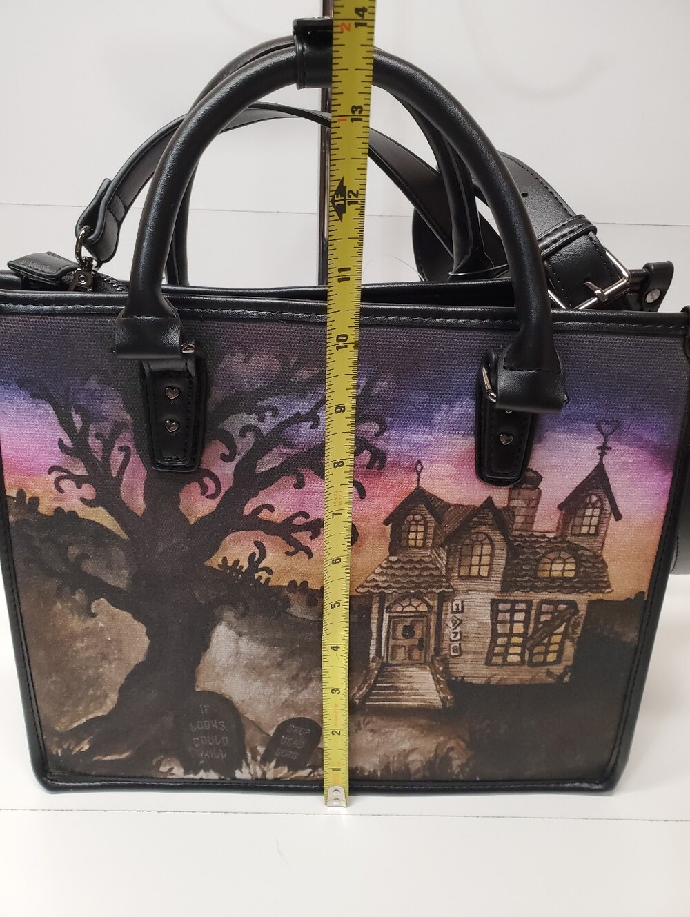 Betsey Johnson Halloween tote bag with bat charm featuring haunted house graphic - Picture 5 of 8